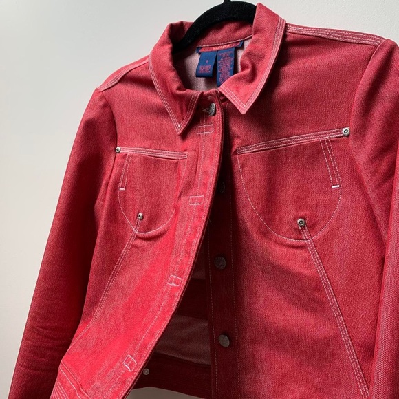 (SOLD) BCBG Maxazria Red Denim Jacket with White Contrast Stitching - Picture 6 of 6